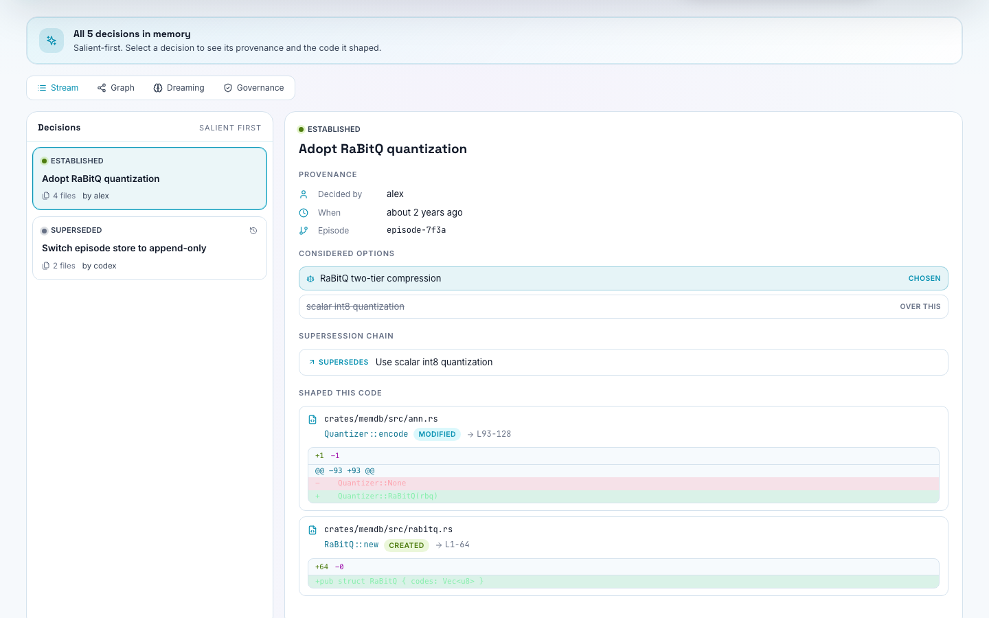 Cortex decision stream with recalled decisions, status badges, and an open decision detail view.