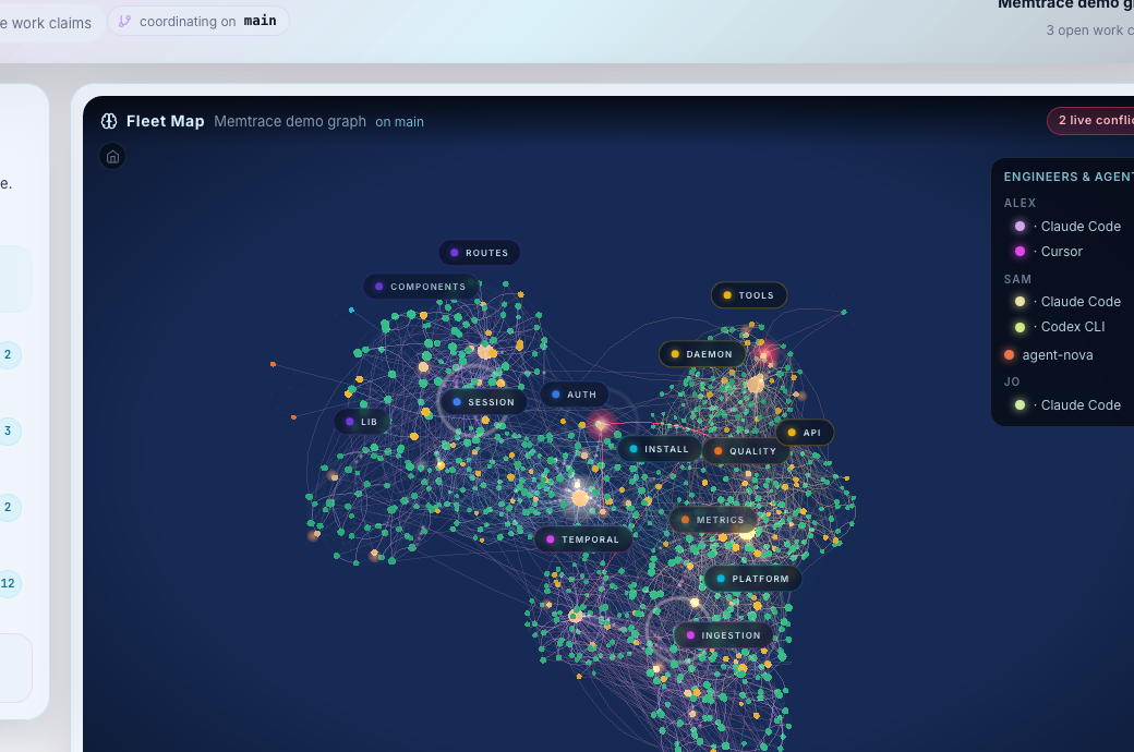 Fleet 3D map showing multiple active agent nodes and connection lines.