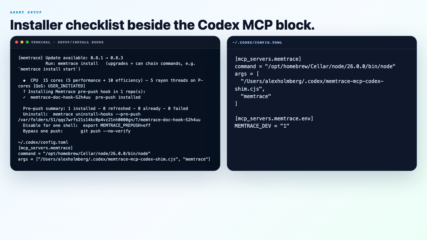 Installer checklist output beside a Codex MCP config block for memtrace.
