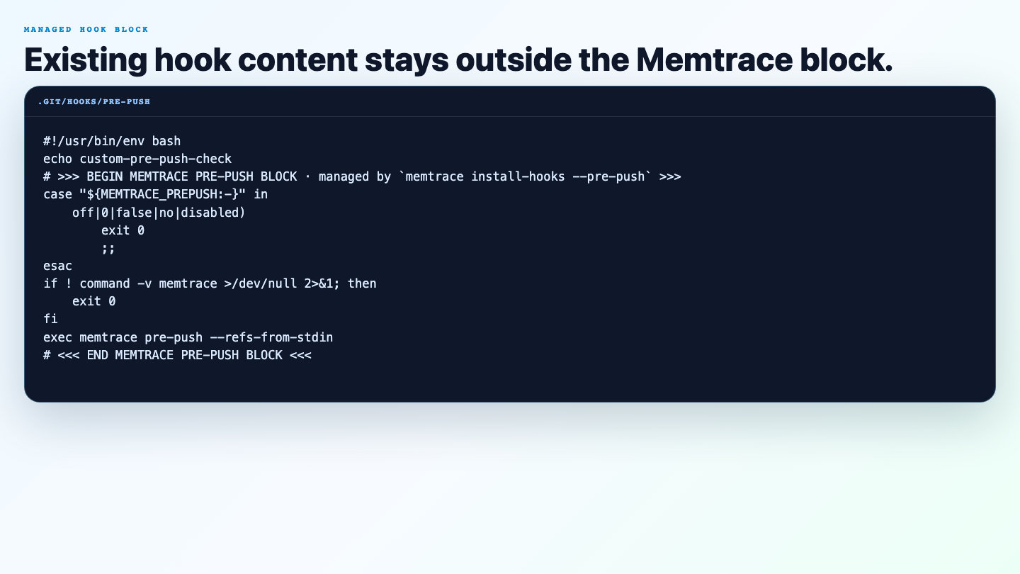 Git hook file showing existing hook content preserved outside a clearly marked Memtrace managed block.