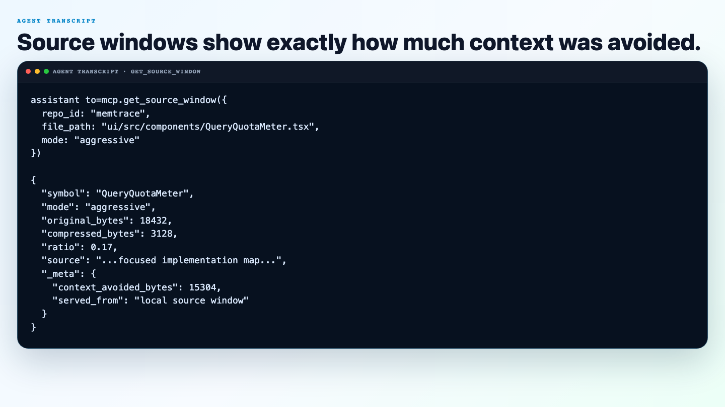Agent transcript showing get_source_window byte savings fields and context avoided metadata.